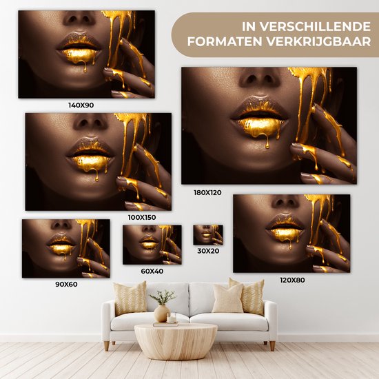 Tableau sur toile - Lèvres or 120x80 - Accessoires de décoration de chambre - Tableaux dorés femme salon - Décoration murale chambre - Décoration murale cuisine - Décoration murale - Tissu mural intérieur - Décoration maison - Accessoires de maison