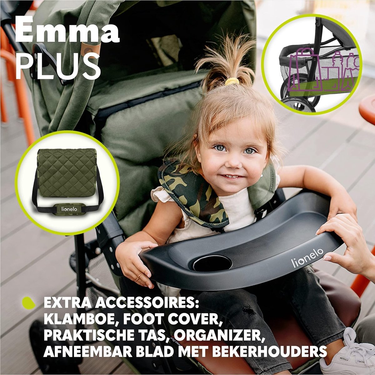 LIONELO Emma Plus Wandelwagen Lichtgewicht Buggy (tot 15 kg), Inklapbaar, Grote Wielen, Verstelbare Rugleuning & Voetsteun, 5-Puntsgordel, Tray & Organizer, Ruime Boodschappenmand, Draagtas, Duifgrijs