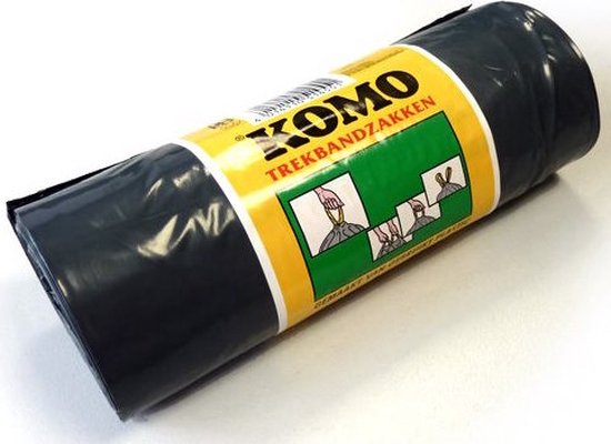 Rol grijze vuilniszakken van KOMO met trekband. Gemaakt van gerecycled plastic.