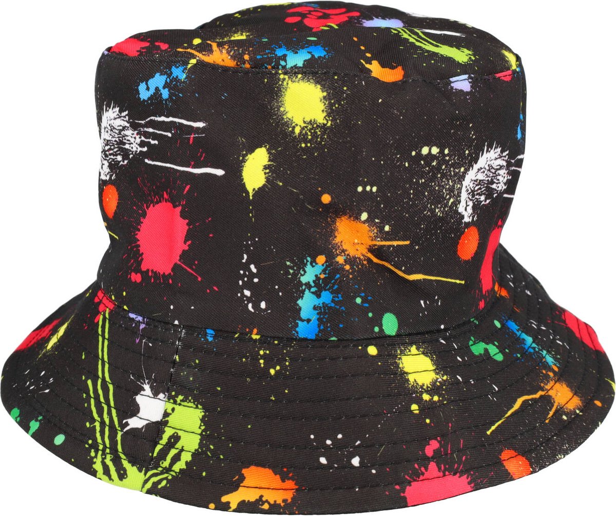 Haarsoires Bucket Hat Hoedje – Spetters Print - Omkeerbaar – One Size – Zwart Multicolor - Vissershoedje - voor Dames & Heren