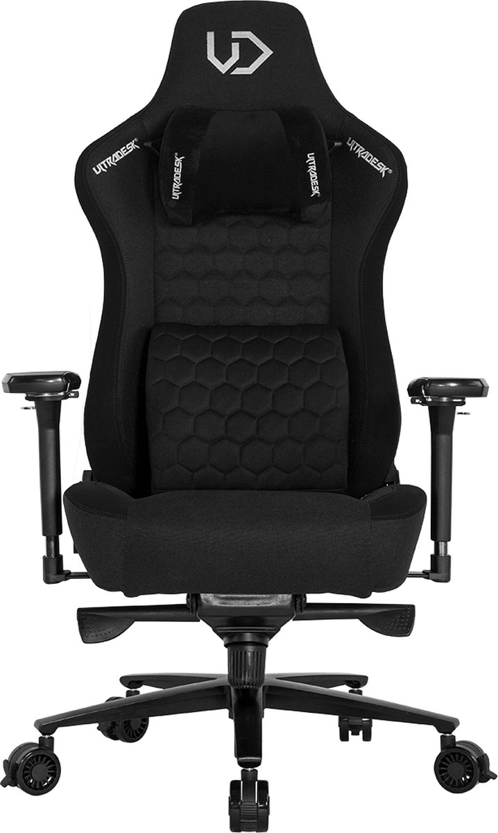 Ultradesk THRONE – Ergonomische Gamingstoel – Zwart – 4D Armleuningen – Verstelbare Rugleuning tot 170° – Waterafstotende Bekleding – Inclusief 2 Kussens met Koelgel