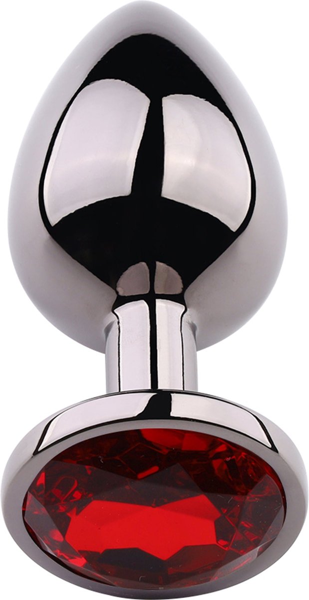 PLGZ - Rosebud Metalen Buttplug - Zwart Metallic - Rode Siersteen - Verkrijgbaar in 3 maten Small