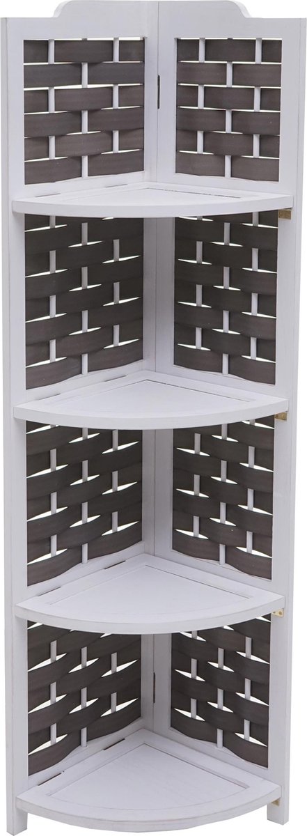 Hoekplank MCW-K85, schapstaander, uitklapbaar 4 schappen, paulowniahout 110cm ~ wit, vlechtwerk antraciet