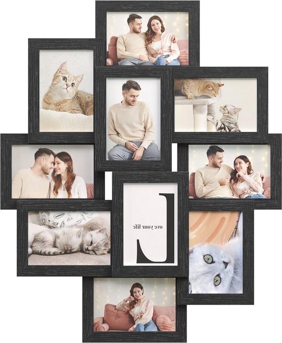 SONGMICS fotolijst, set van 10 fotolijsten - 2 stuks 20 x 25 cm, 4 stuks 13 x 18 cm en 4 stuks 10 x 15 cm, gemaakt van vezelplaat, zwart RPF310H