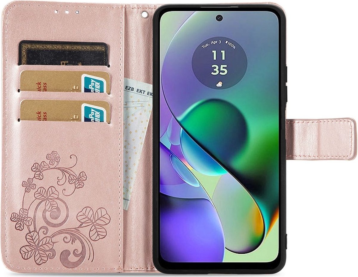 Mobigear Telefoonhoesje geschikt voor Motorola Moto G54 Hoesje | Mobigear Clover Bookcase Portemonnee | Pasjeshouder voor 3 Pasjes | Telefoonhoesje voor Pinpas / OV Kaart / Rijbewijs - Roségoud