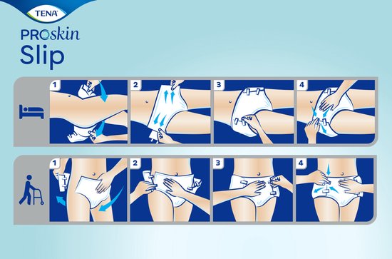 Instructies voor het aanbrengen van TENA Proskin Slip incontinentiemateriaal.