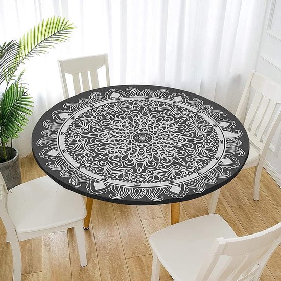 Foto: Rond tafelkleed mandala patroon waterdicht en vlekbestendig voor thuis feest keuken eetkamer zwart grijs diameter 120cm