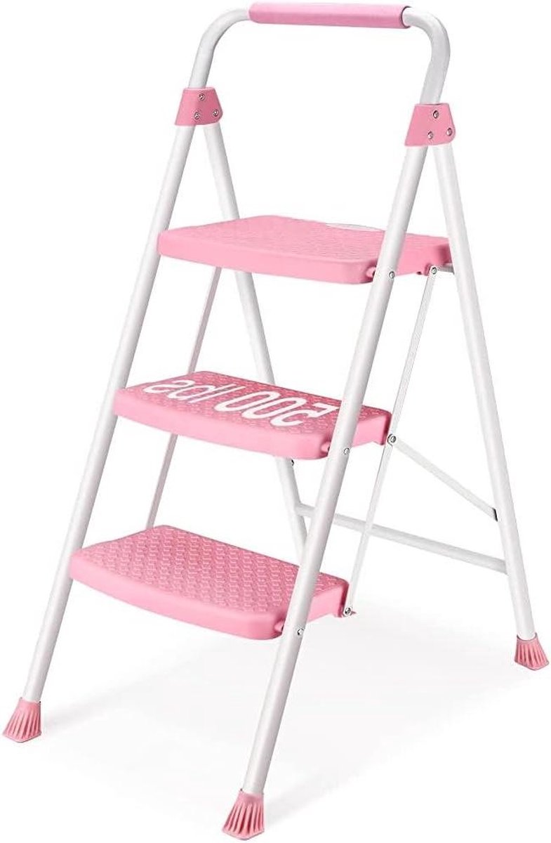 Traploper 3 treden - breed pedaal - lichte capaciteit 150 kg - draagbare opstapkruk roze Trapladder