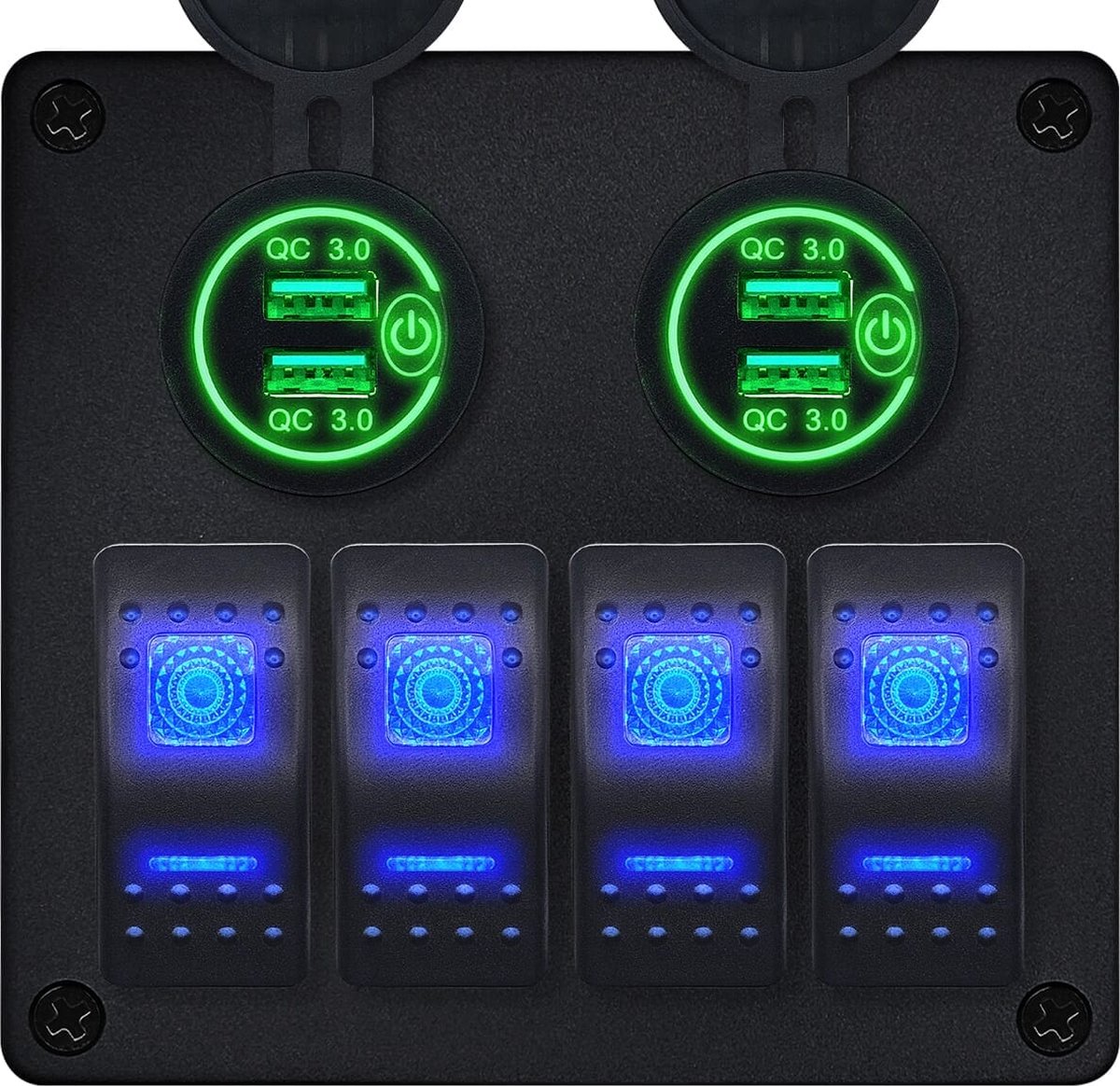 ProRide Schakelpaneel 12V voor Auto/Boot - USB Stopcontact 4 Poorten met Schakelaar - QC3.0 - PUSB1QC-G - 4 schakelaars - Groen