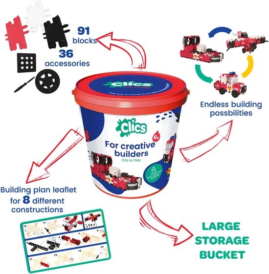 Clics Brandweer 8-in-1 bouwblokken– DUURZAAM SPEELGOED gemaakt van GERECYCLEERDE kunststof- bouwset 8 in 1 - speelgoed 4,5,6,7,8 jaar jongens en meisjes- educatief speelgoed- Montessori speelgoed- constructie speelgoed