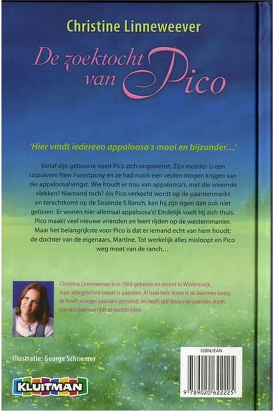 Boekcover met de titel 'De zoektocht van Pico' en een foto van Christine Linneweever.