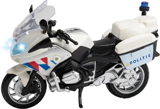 Witte politiemotor met blauwe zwaailamp, rode en blauwe strepen en tekst 'POLITIE'. Koplampen lichten op.