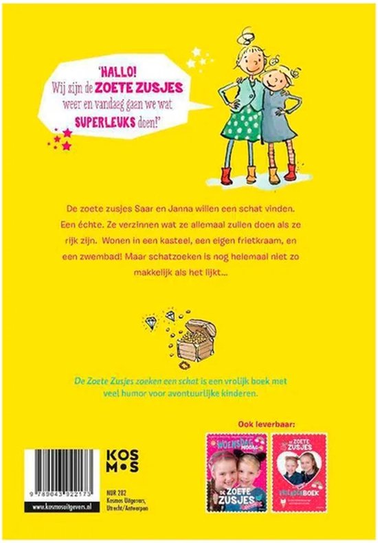 De Zoete Zusjes zoeken een schat: achterkant met tekst en afbeelding van twee zusjes, met een prinses, paard, zwembad en schatkist.