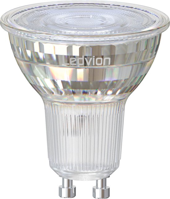 Ledvion GU10 LED spot met een glazen lampenkap, afmetingen 50x54mm.