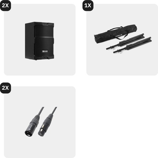 Overzicht van de set: 2 speakers, 1 draagtas en 2 kabels.