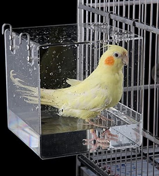 Hangend vogelbad - transparant acryl vogelbadhuis - badbox met haken - voor kleine vogels - parkiet, kanarie, papegaai - 128 x 113 x 13 cm