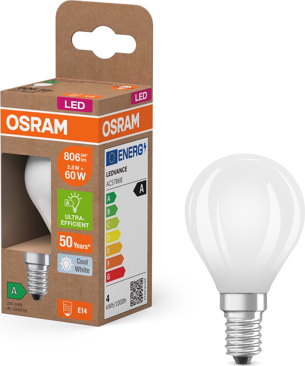 Osram Energy Class LED-Lampe in klassischer Miniballform 3.8 W 806 lm EEK A kaltweißes Licht (4000 K) CRI 80 aus gefrostetem bleifreiem Glas E14 Sockel IP20 45 mm Durchmesser