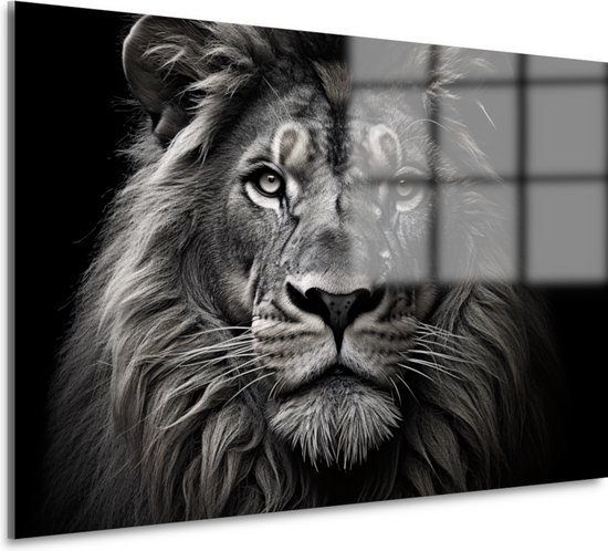 Leeuw glasschilderij - Dieren schilderij op glas - Schilderijen glas zwart-wit - Woonkamer decoratie industrieel - Schilderijen plexiglas - Woondecoratie acrylglas 75x50 cm