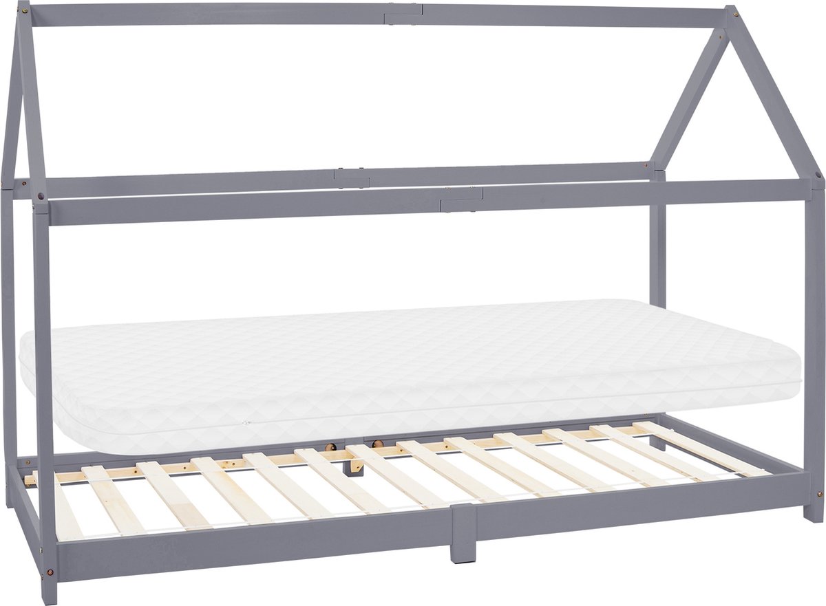 ML Design huisbed serie kinderbed 90x200 cm lichtgrijs met dak lattenbodem en koudschuim matras massief grenenhout stabiel houten speelbed voor meisjes en jongens kinderhuis junior bed met vloerbed in huis design voor kinderkamer