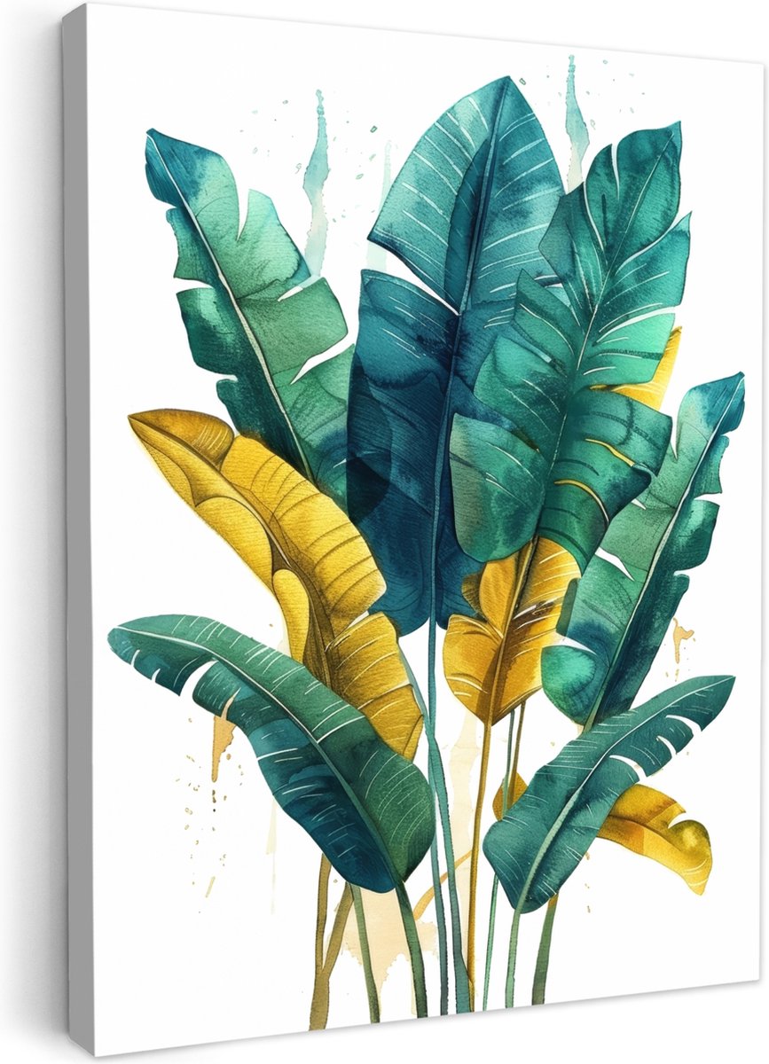 Canvas schilderij 60x80 cm - Wanddecoratie badkamer Bladeren - Groen - Tropisch - Goud - N