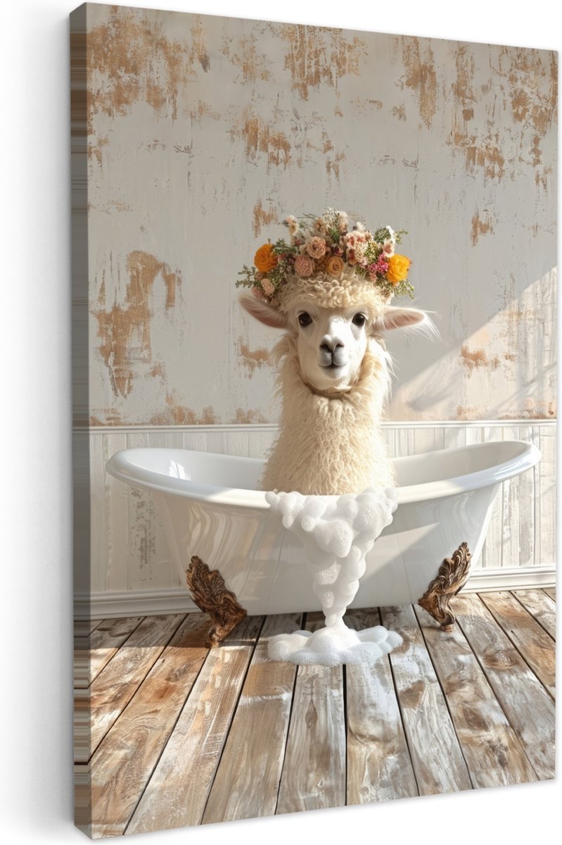 Canvas schilderij 80x120 cm - Wanddecoratie badkamer Vintage - Alpaca - Badkuip - Bloemen