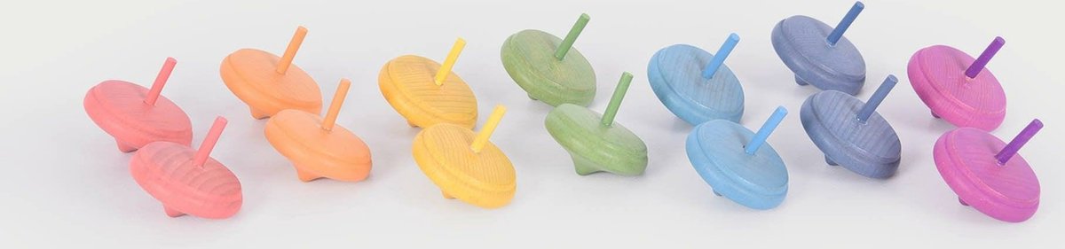 Regenboog Houten Tollen – 14-delige Set – Duurzaam Educatief Speelgoed
