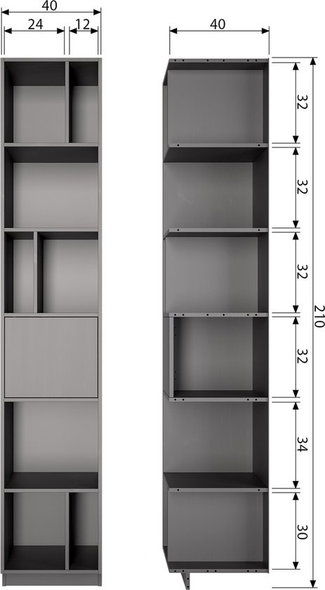 Technische tekening van een hoge, smalle zwarte open kast met afmetingen.