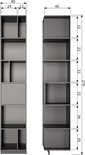 Technische tekening van een hoge, smalle zwarte open kast met afmetingen.
