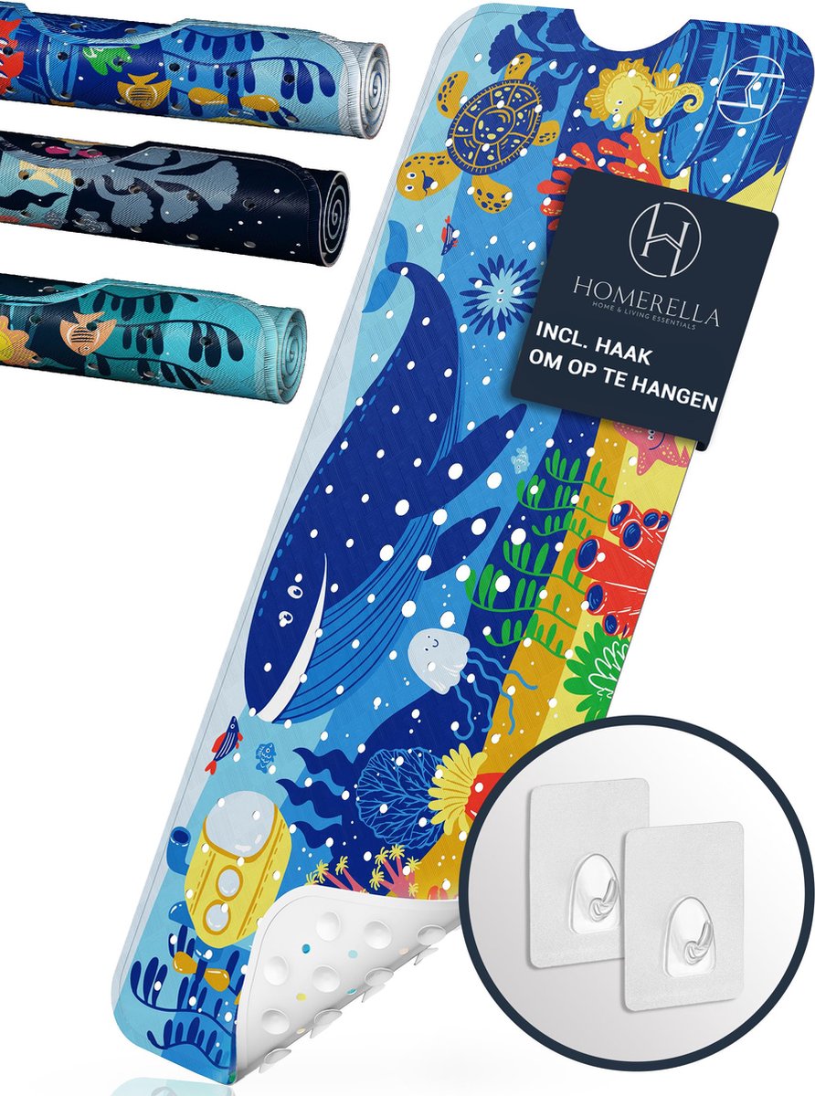 HOMERELLA Badmat antislip voor kinderen - 100x40cm -100% BPA-vrij antislipmatten - Inclusief 2x ophanging - Badmatten schimmelbestendig & machine wasbaar