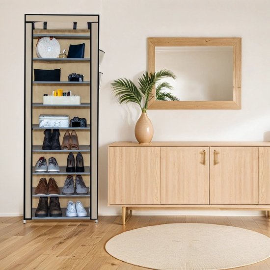Intirilife opvouwbare garderobekast 170x58x28 cm in CREAM BEIGE - Met ritssluiting stoffen garderobekast Schoenenrek met 9 vakken - Campinggarderobe textielgarderobe — afbeelding 5