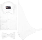 Set van wit gestreept overhemd, wit vest en witte vlinderdas.