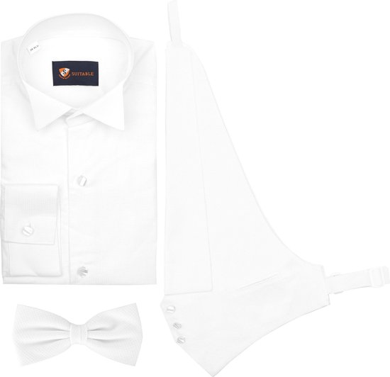 Set van wit gestreept overhemd, wit vest en witte vlinderdas.