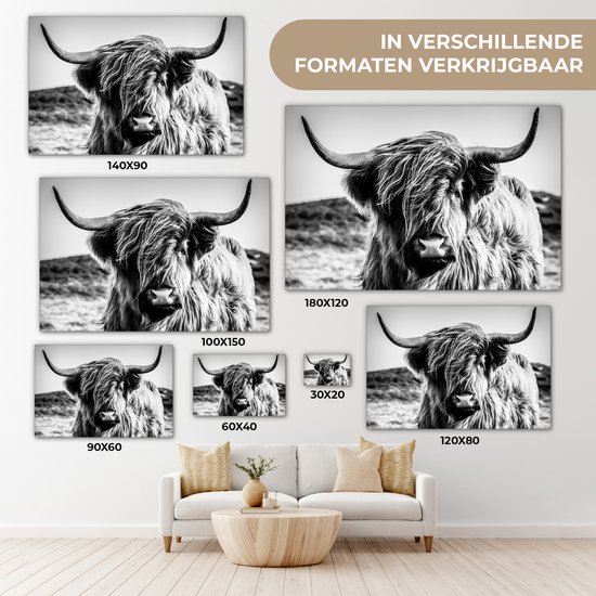 Canvas schilderij - Schotse hooglander zwart wit 120x80 - Kamer decoratie accessoires koe - Dieren schilderijen woonkamer - Wanddecoratie slaapkamer - Muurdecoratie keuken - Wanddoek interieur binnen - Woondecoratie huis - Woonaccessoires