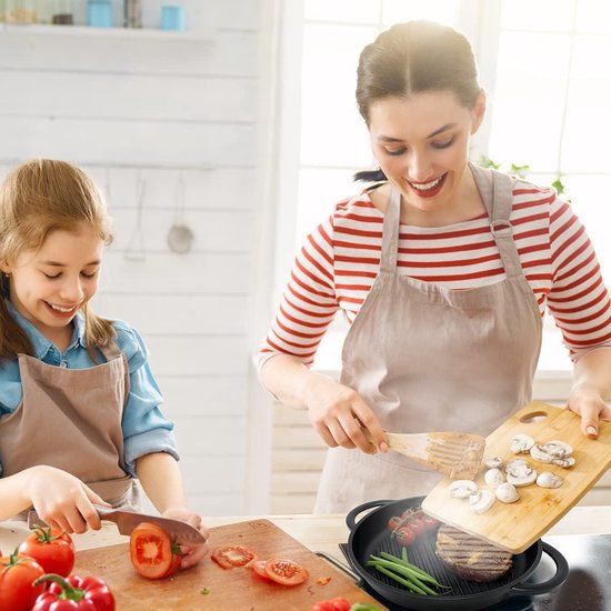 Joeji's Kitchen round grill pan made of cast aluminum with silicone handles and ovenproof lid, contains a bonded steel base suitable for Induction 27 cm non-stick coating