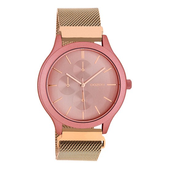 OOZOO Timepieces - Donker roze horloge met rosé goudkleurige metalen mesh armband - C10687