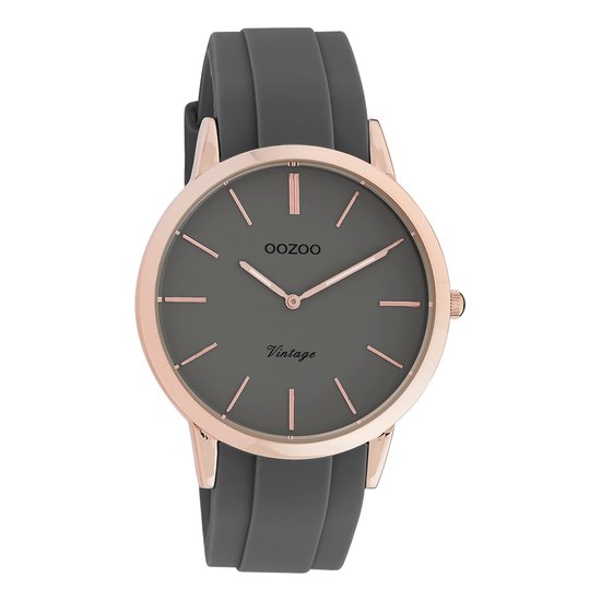 OOZOO Timepieces - Rosé goudkleurige horloge met donker grijze rubber band - C20172
