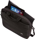 Zwarte laptoptas met open vak, met tablet en laptop erin.