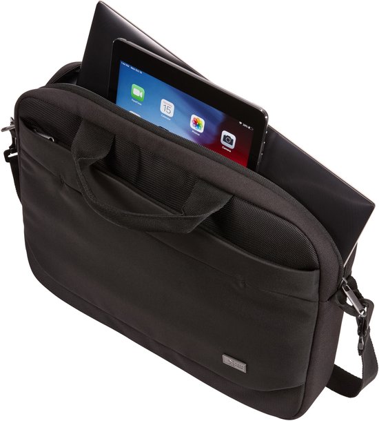 Zwarte laptoptas met open vak, met tablet en laptop erin.
