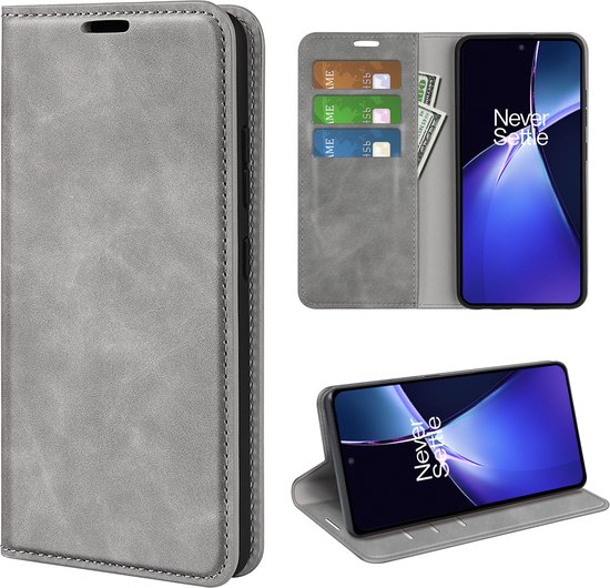 Grijze wallet bookcase met kaarten, geld en telefoon. In gesloten, open en staande positie.