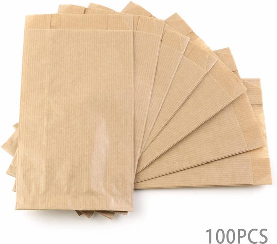 100 stuks papieren zakken, bruin, klein, 9 x 5,5 x 18 cm, kraftpapieren zakjes, bruine papieren zakken met stickers, broodzakken, kleine papieren zakjes, cadeauzakjes voor adventskalender, verjaardag