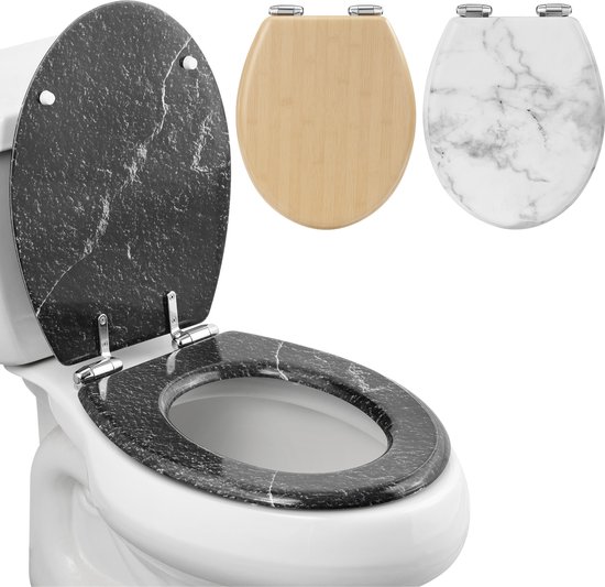 Foto: Navaris wc bril softclose sluit zacht en stil makkelijke installatie wcbril toilet makkelijk schoon te maken toiletbril zwart marmerlook