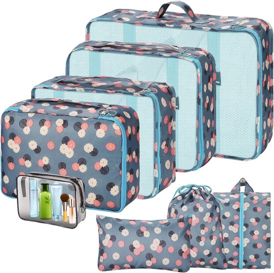 Foto: Kofferorganizerset packing cubes 8 stuks reis packing cubes kofferorganizer compressie inpakzakken voor koffers met waterdichte schoenentas kledingzakken blauwe bloemen