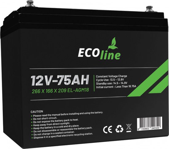EcoLine - AGM 12V 75AH - 75000mAh VRLA Batterij - 266 x 166 x 209 - Deep  Cycle Accu | bol.com