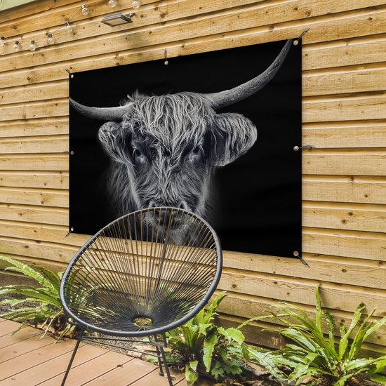 Affiche de jardin Highlander écossais - Zwart - Vache - Animaux - 130x90 cm - Décoration murale extérieure - Affiche de jardin - Toile de jardin - Affiche de clôture - Peinture de jardin