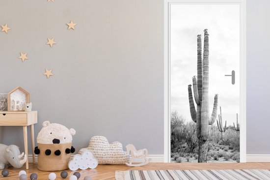 Poster de porte noir et blanc avec de grands cactus dans un paysage désertique.
