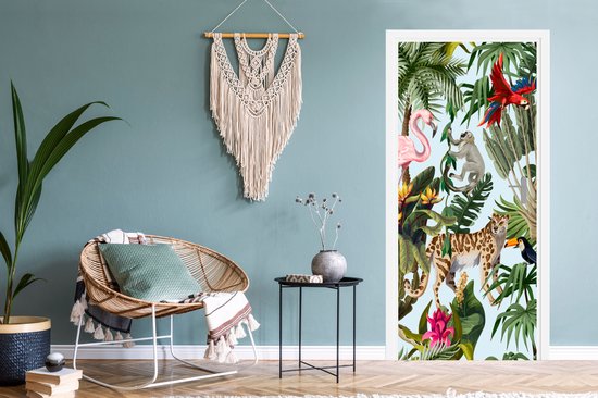 Sticker de porte Jungle - Animaux - Filles - Enfants - Garçons - Flamingo - Perroquet - 80x205 cm - Poster de porte