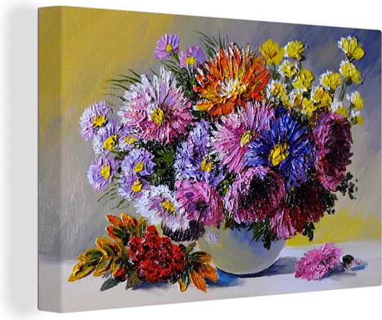 Canvas Schilderij Olieverf - Bloemen - Stilleven - 120x80 cm - Wanddecoratie