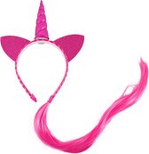 Eenhoorn haarband roze unicorn diadeem met haar en oortjes - pink hoorn haar glitter vlecht extensions festival