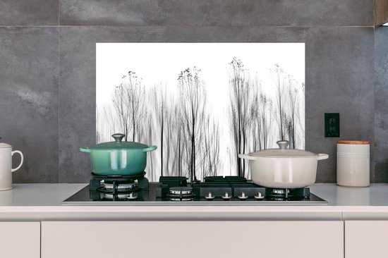 Spatscherm keuken 80x55 cm - Kookplaat achterwand Bomen - Zwart wit - Vogels - Natuur - Muurbeschermer - Spatwand fornuis - Hoogwaardig aluminium