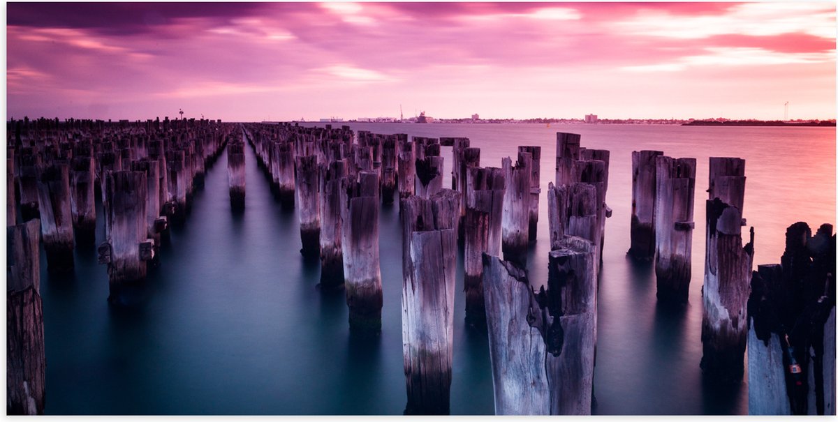 Poster (Mat) - Palen - Water - Hout - Zee - Kleuren - 100x50 cm Foto op Posterpapier met e